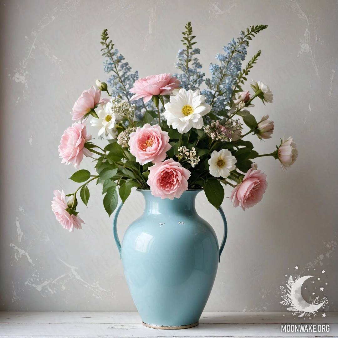 Потрепанная пастельная голубая ваза с белыми и розовыми цветами на фоне потрепанной белой стены, украшенной гирляндой огней.