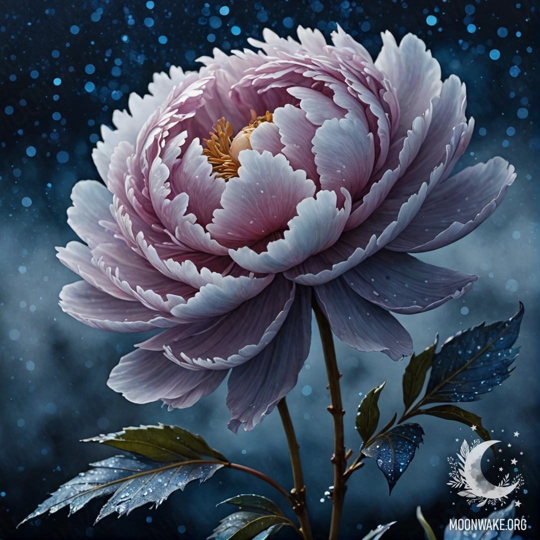 Романтический пион, окруженный туманом ночью, с голубыми пайетками.