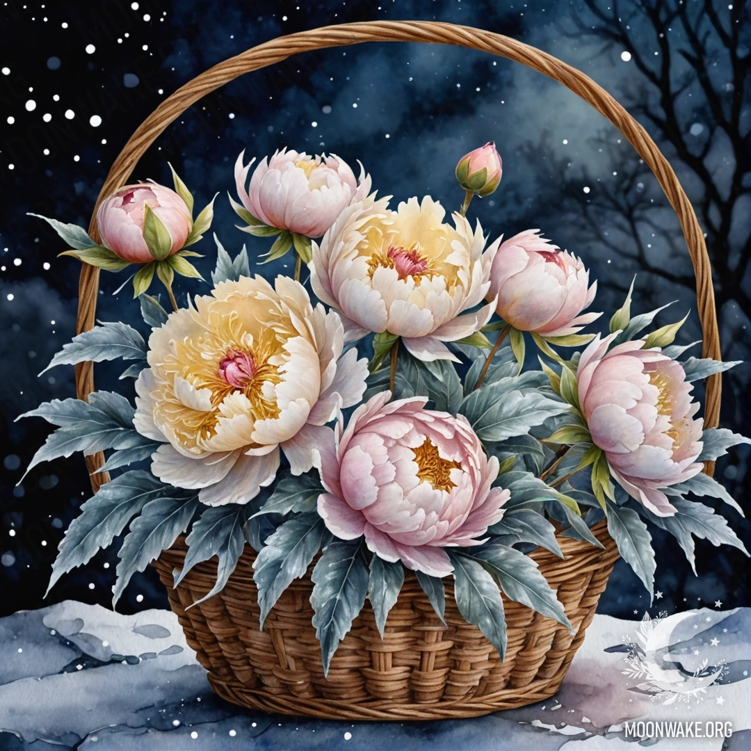 Нежный пион в золотой корзине, окруженный морозом ночью.
