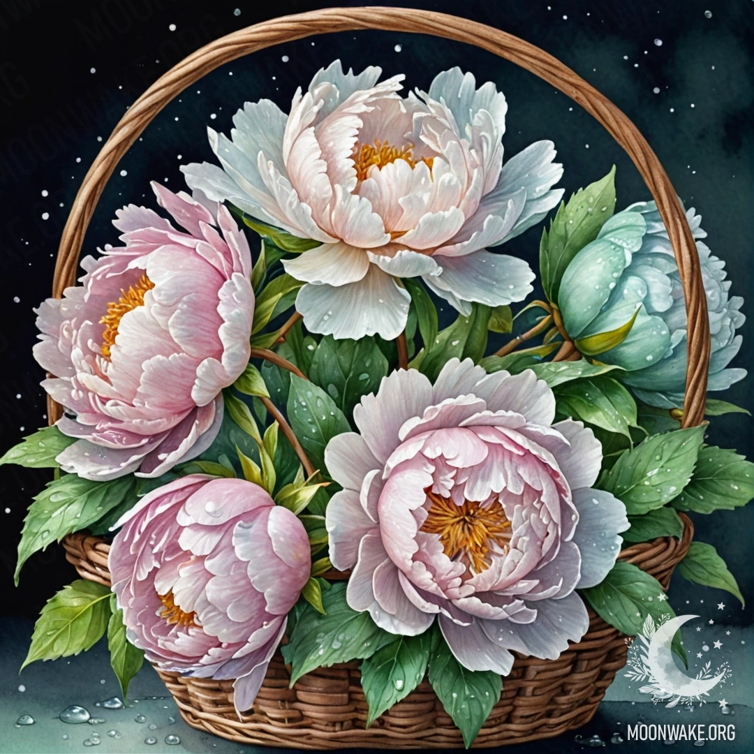 Нежный пион, украшенный каплями росы, лежит в мятной корзине ночью.