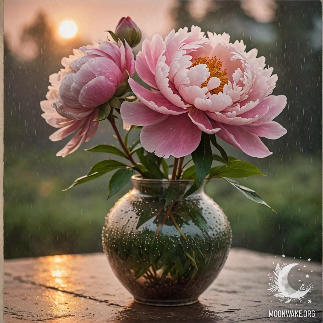 Нежный розовый пион в вазе, окружённый туманом и дождём на закате.