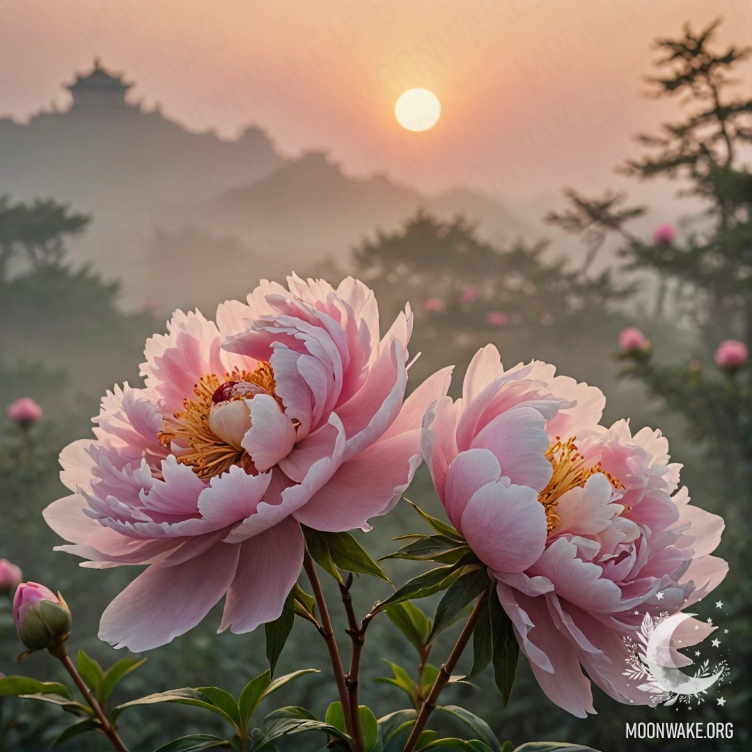 Нежный пион, окруженный туманом на фоне заката.