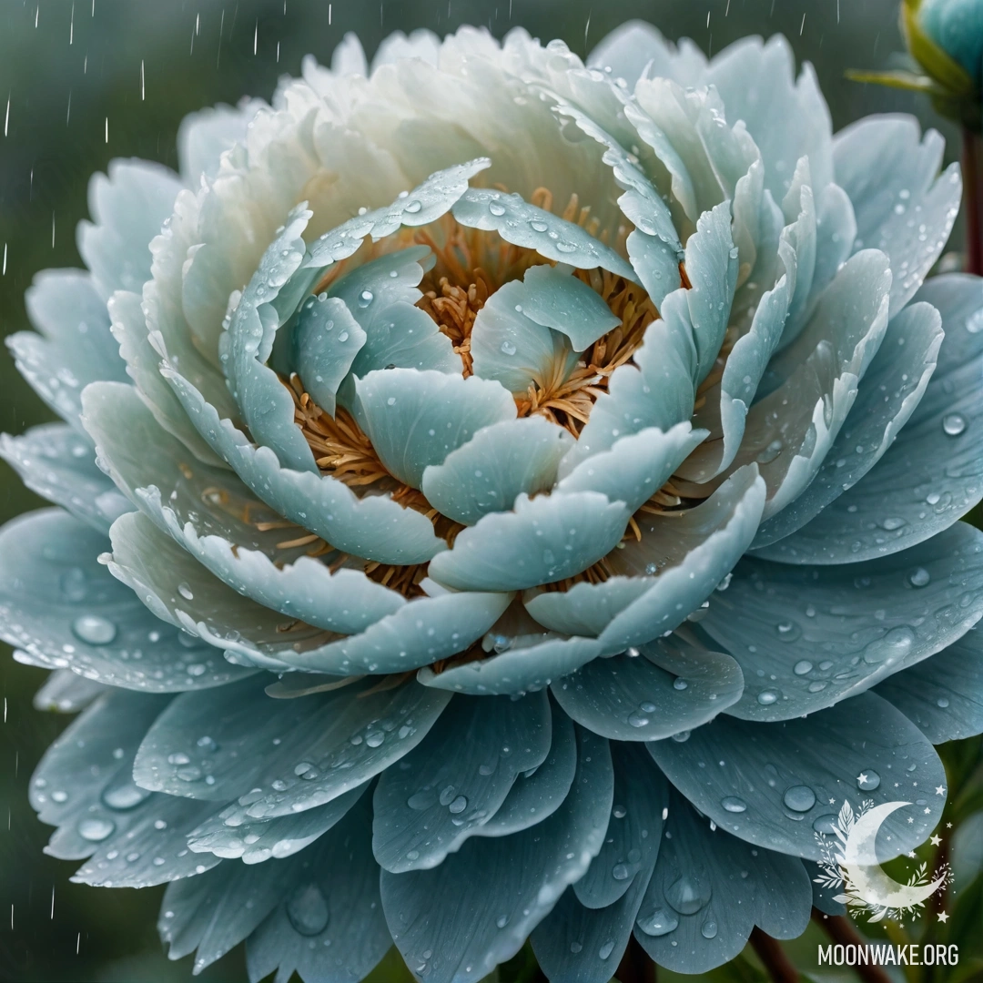 Красивый цветок пиона, окруженный туманом и дождем, с украшениями из стразов.