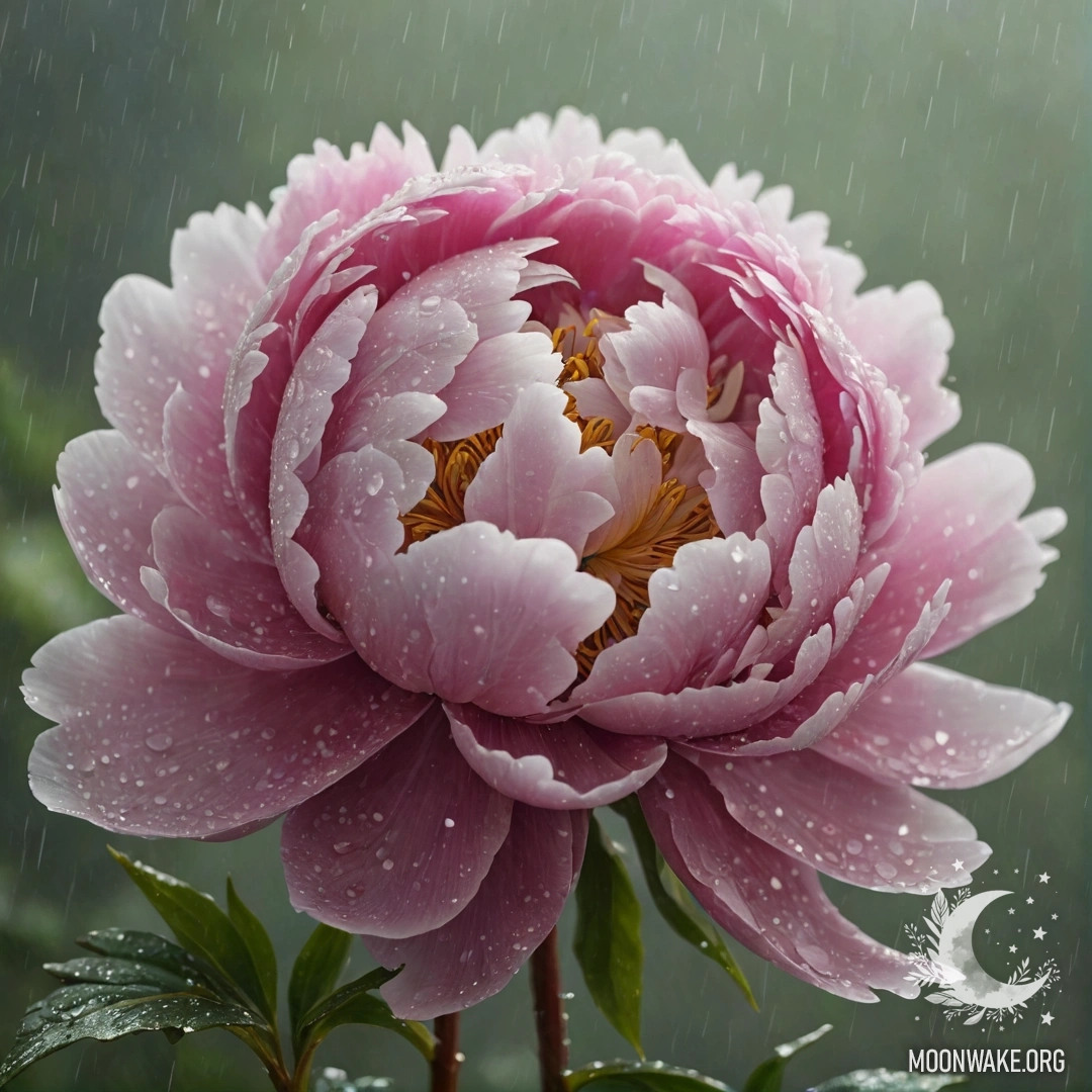 Романтический пион, окруженный туманом и дождем, сверкающий от блесток.