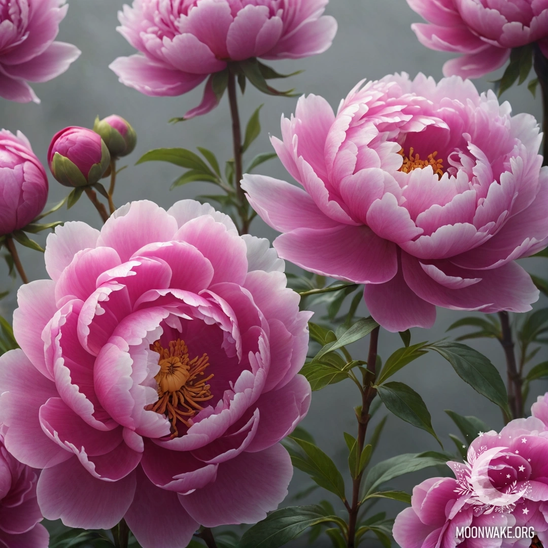 Фуксиевый пион, окруженный мягким туманом, олицетворяющий романтику.