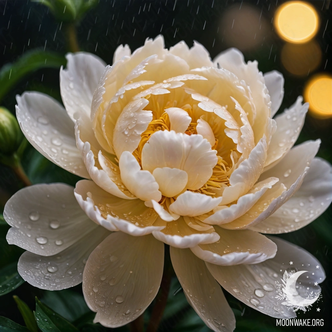 Нежный кремово-желтый пион, смоченный дождем, на фоне ночного неба.