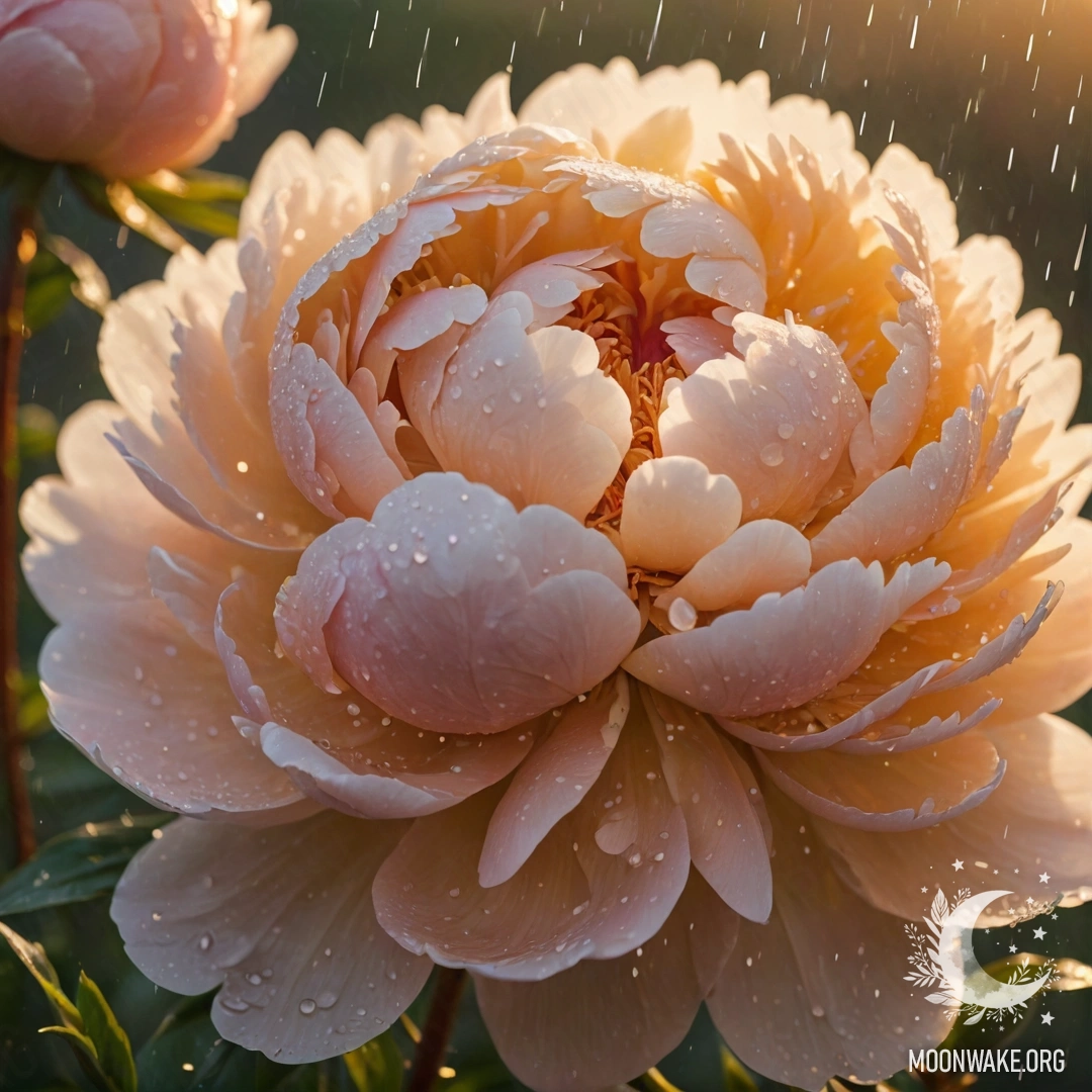 Нежный пион, омытый дождем, светится золотистым цветом под небом заката.