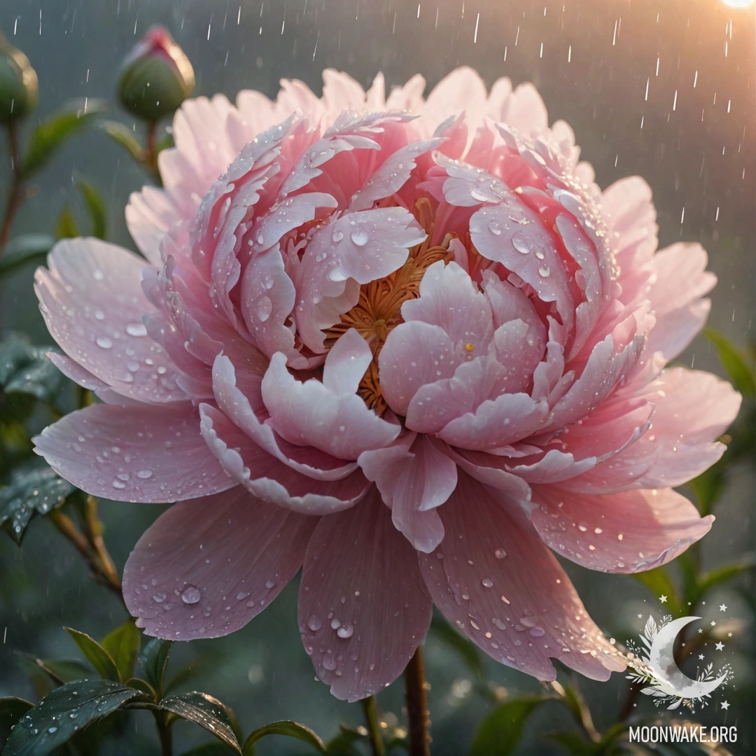 Нежный цветок пиона, покрытый дождем, освещенный закатным светом, с блестками, создающий спокойную и романтичную атмосферу.
