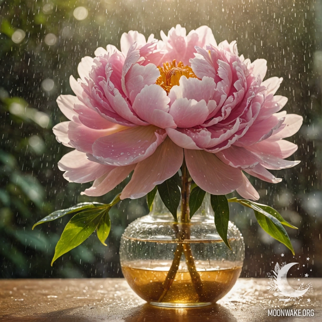 Золотая ваза с пионом, капли дождя и солнечные лучи.