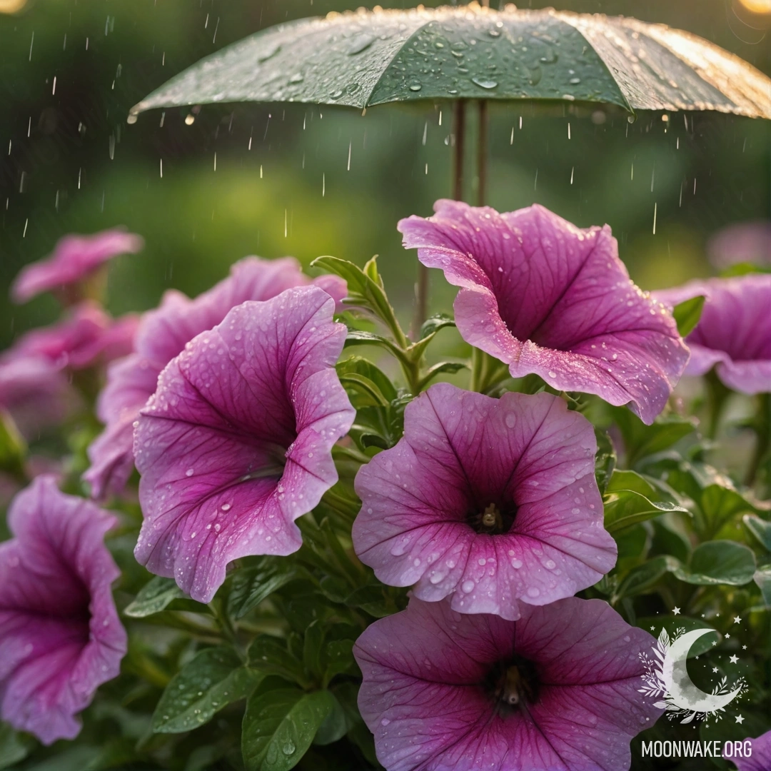 Яркая петуния, промокшая под дождем на фоне заката.