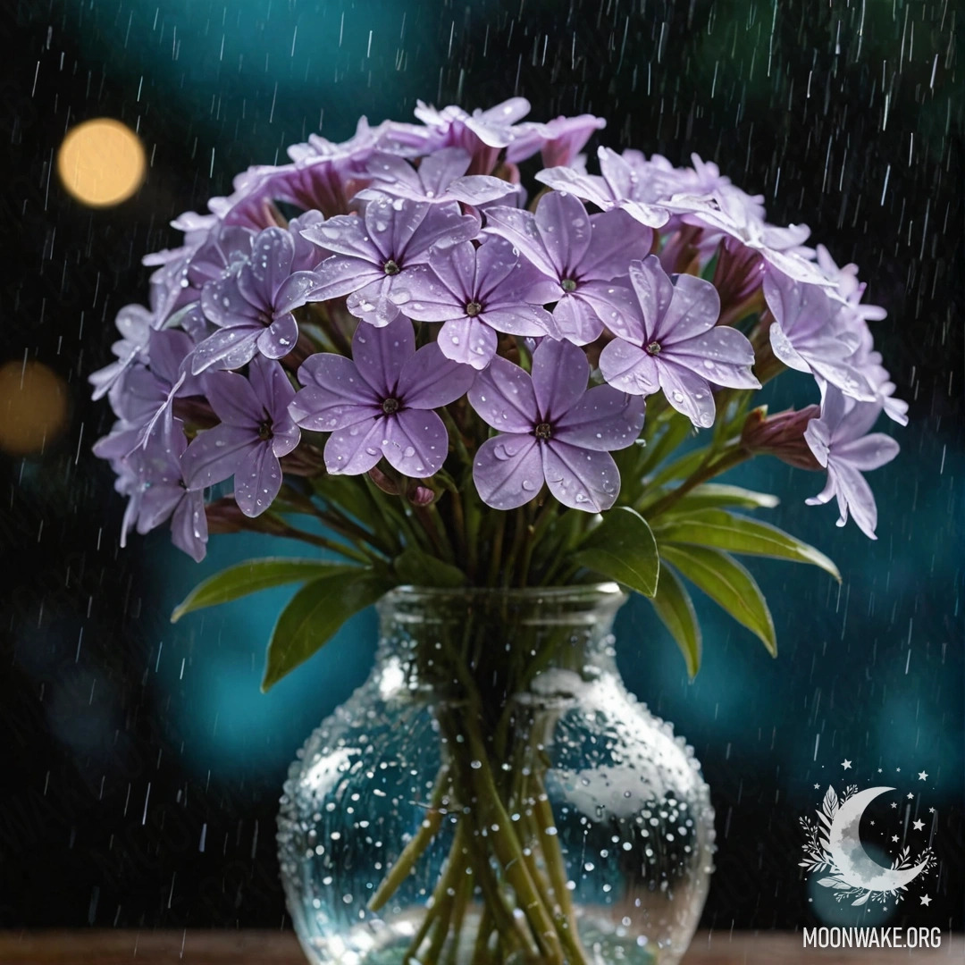 Спокойная композиция из цветов флокса в аквамариновой вазе, освещённая мягким светом ночного дождя.