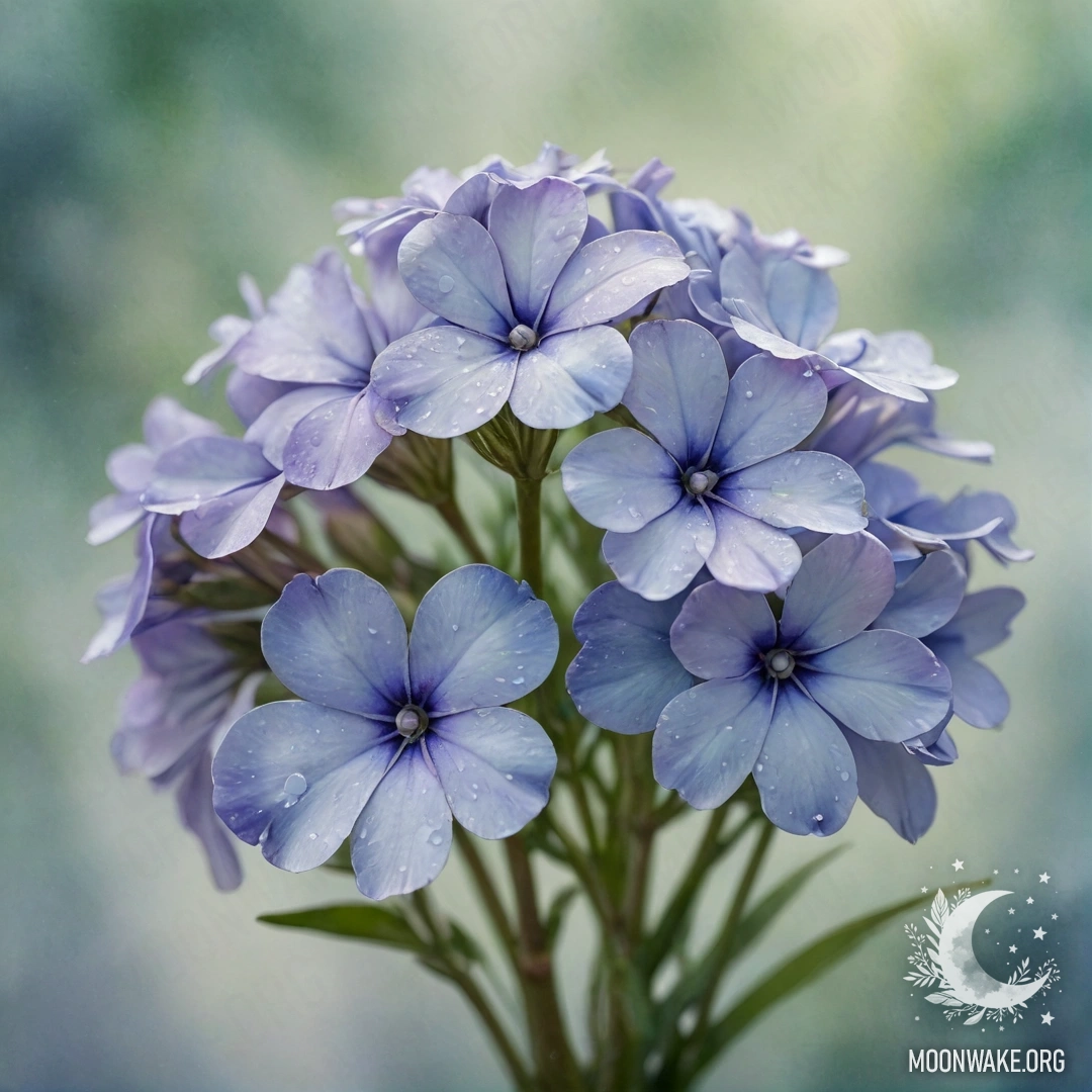 Акварельная картина с букетом зеленовато-голубых цветов флокса, окруженных туманом.