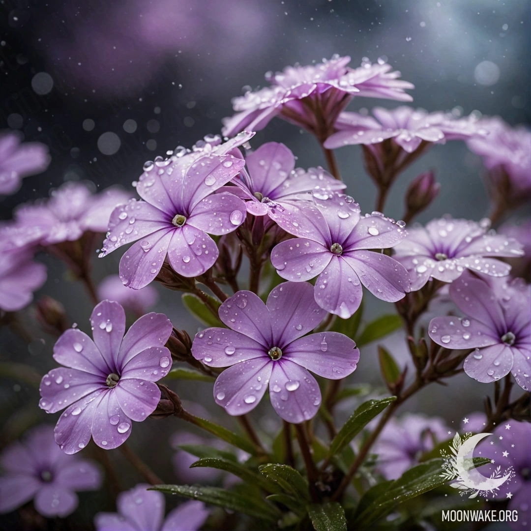 Туманный ночной пейзаж с нежными пастельными цветами флокса, украшенными бусинами.