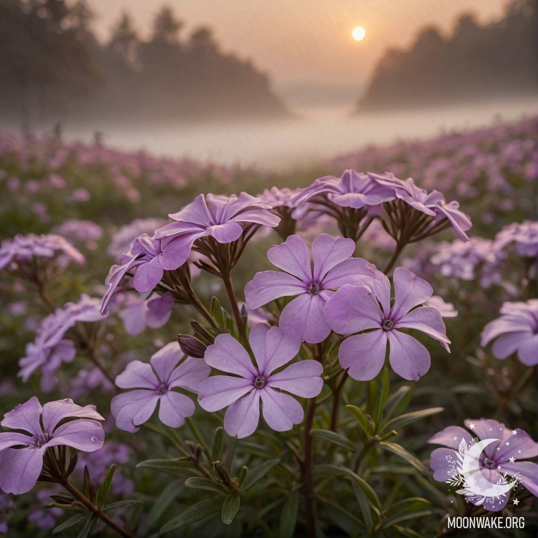 Нежная композиция из цветов флокс, окутанных туманом на закате, создающая мечтательную атмосферу.