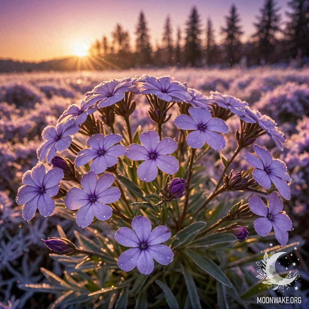 Нежный флокса пурпурного цвета, покрытый морозом на закате, сверкающий блестками.