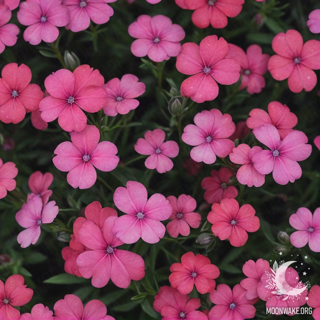 Акварельная картина с красными цветами флокса, окружёнными туманом ночью.