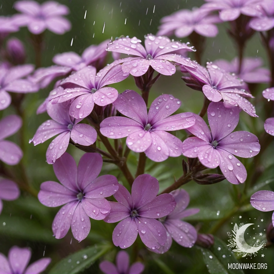 Крупный план мягких шалфейных флоксов, сверкающих под дождем.