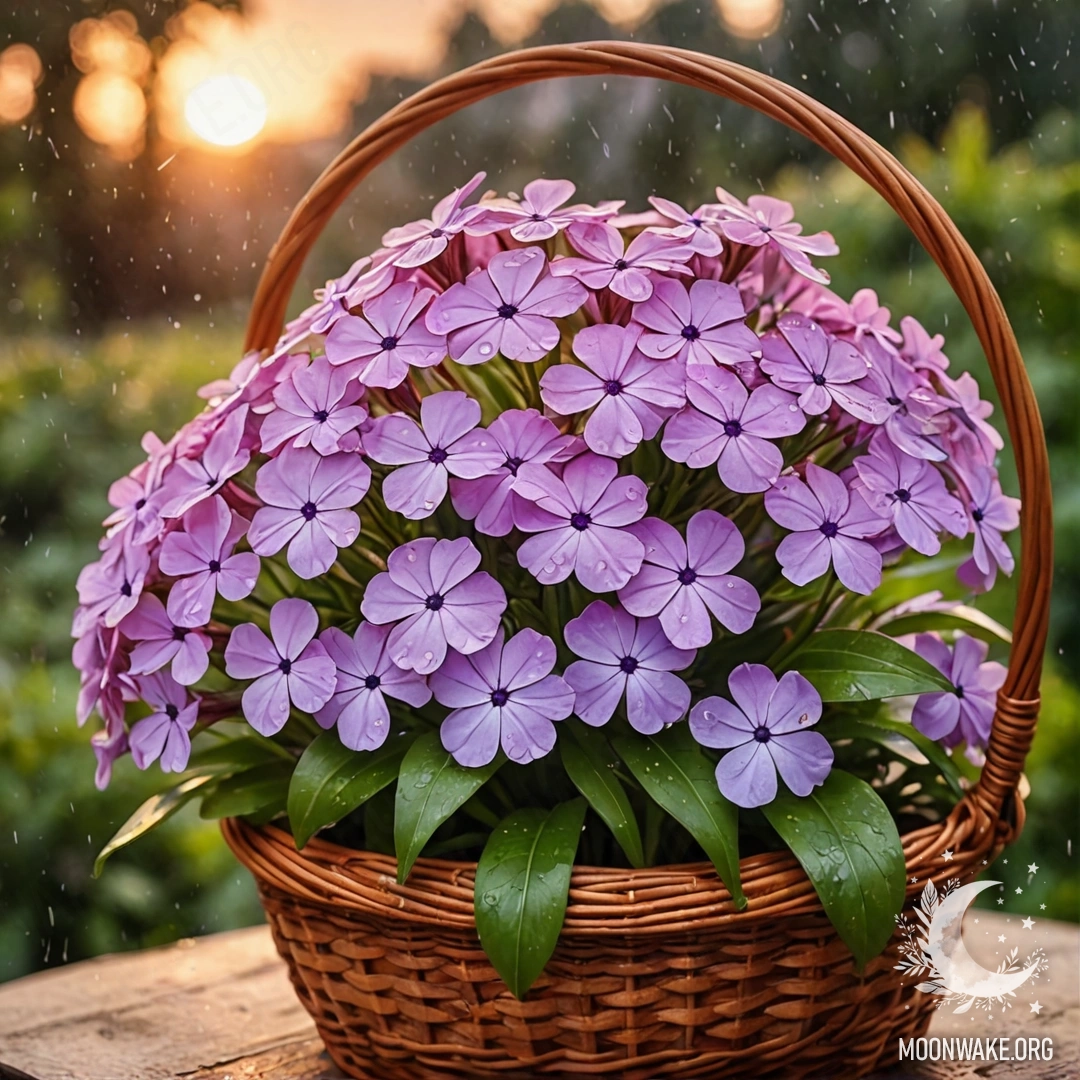 Корзина, наполненная красными цветами флокса, промокшими под дождем на закате.