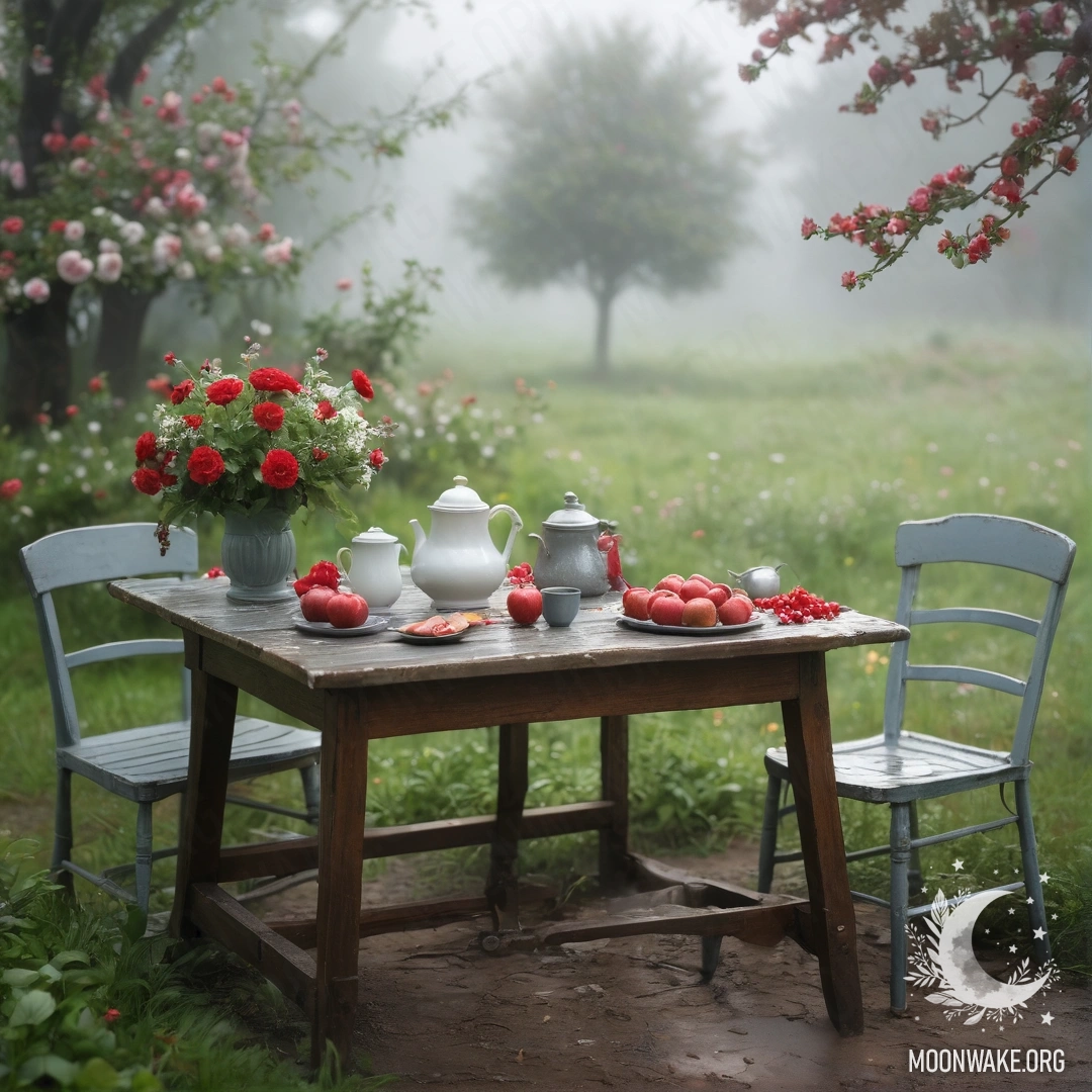 Старинный стол, накрытый чашками, чайником, ягодами и цветами под туманной яблоней.