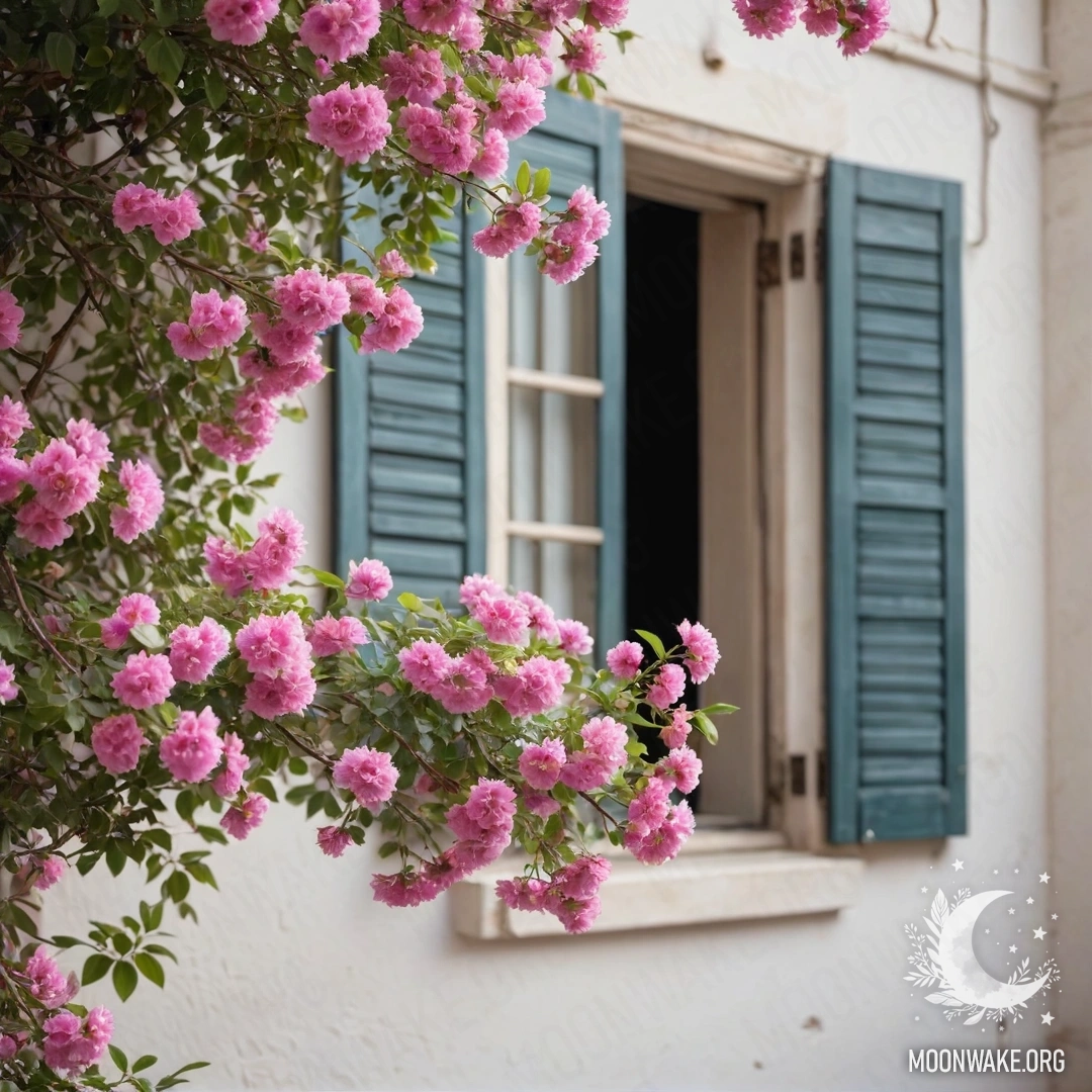 Ветка с нежными розовыми цветами на фоне белой стены с окнами.