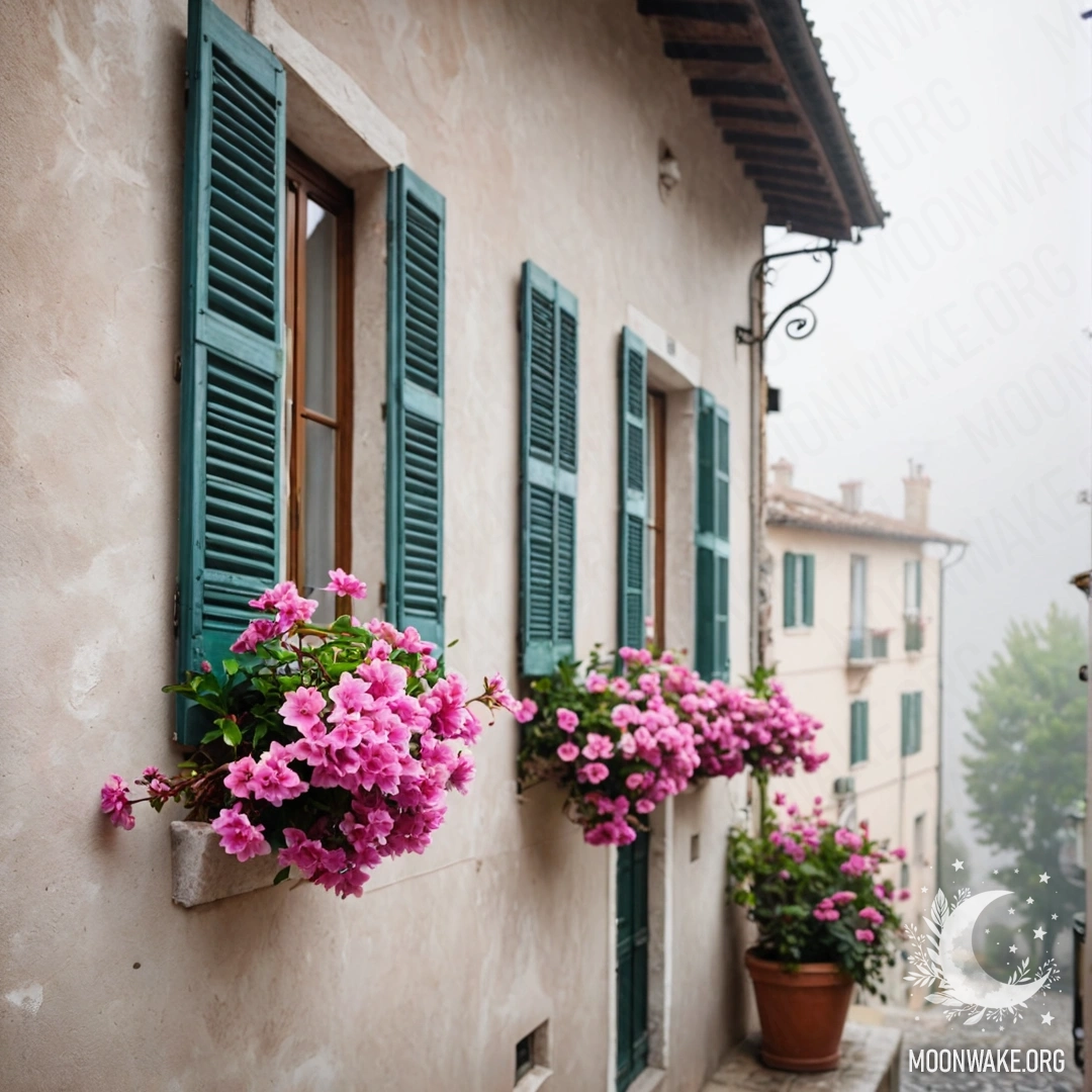 Ветвь с розовыми цветами на фоне белой стены итальянского дома с окнами и ставнями.