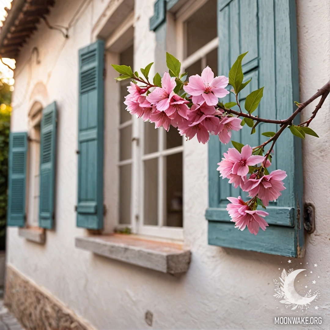 Ветка с нежными розовыми цветами на белой стене с окнами и ставнями итальянского дома на закате.