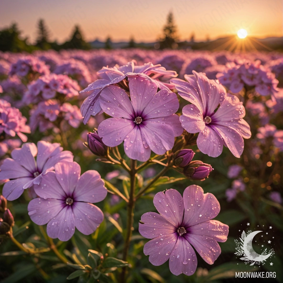 Поле розовых флоксов, сверкающих в свете заката, украшенных блестками, в стиле японского искусства.
