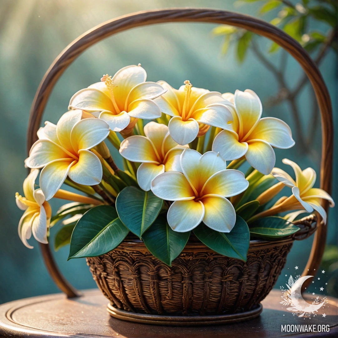 Романтическая композиция из цветов плюмерии на туманном фоне с солнечными лучами, художественно расположенная в красивой аквамариновой корзине.