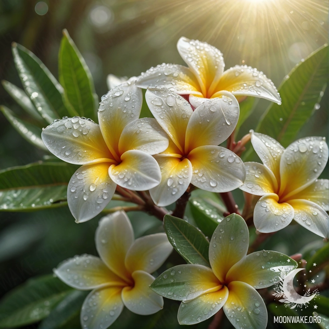 Крупный план цветка плюмерии с каплями росы, на фоне солнечных лучей