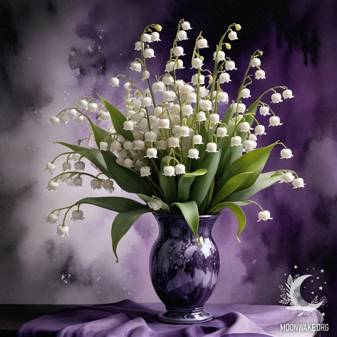 Красивый букет фиолетовых лилий-of-the-valley в вазе ночью.