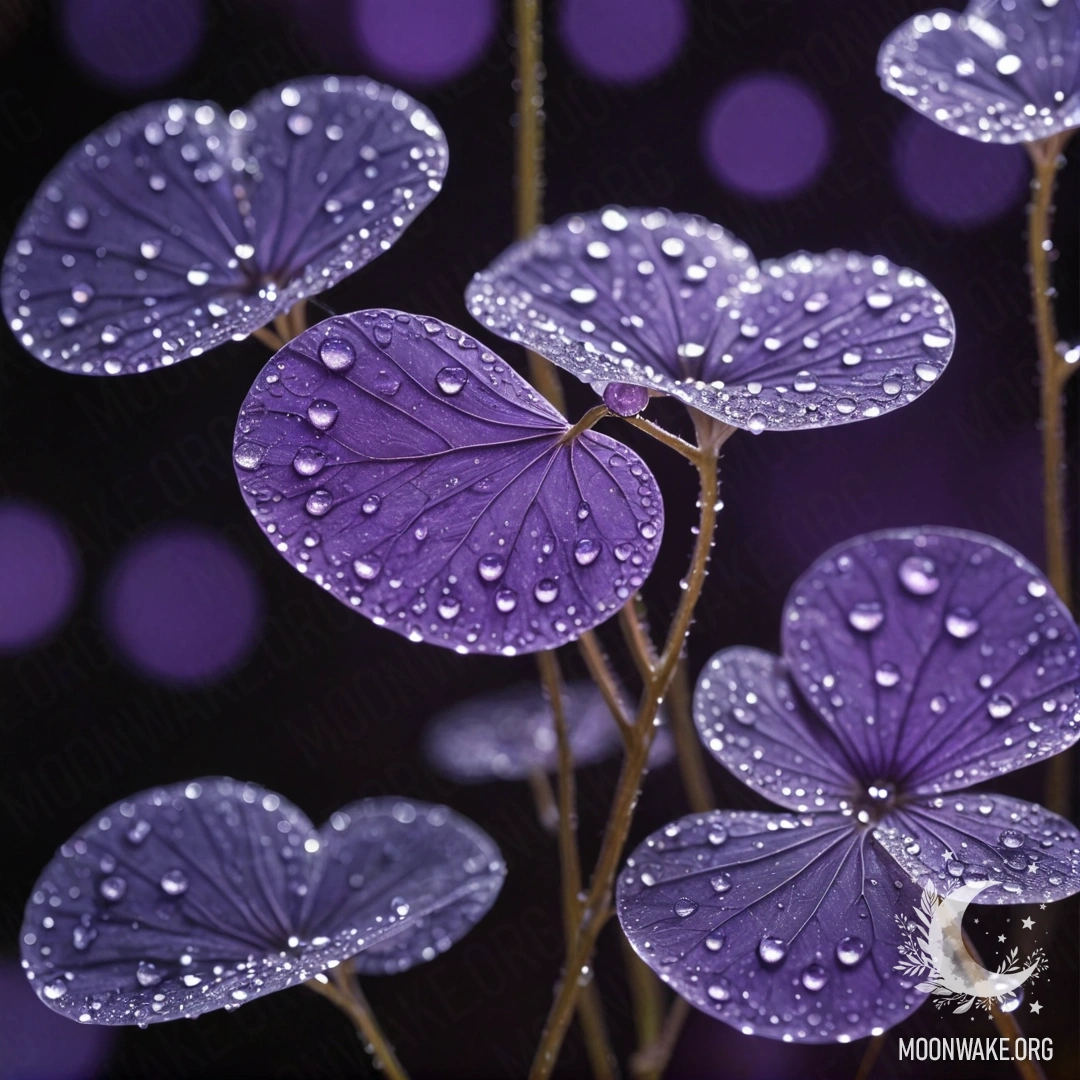 Красивое пурпурное лунария, украшенное капельками росы и стразы ночью.