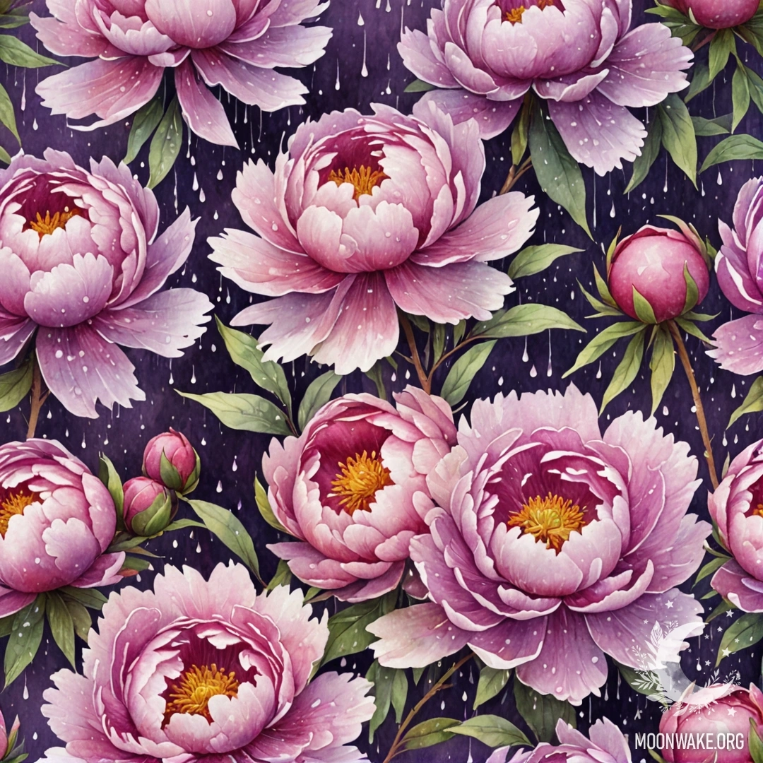 Акварельная живопись пурпурной пионки, залитой дождем.