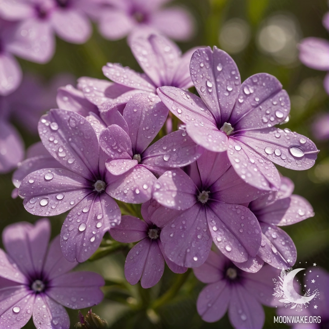 Удивительная композиция пурпурных цветов флокса, украшенных каплями росы, освещенная солнечными лучами.