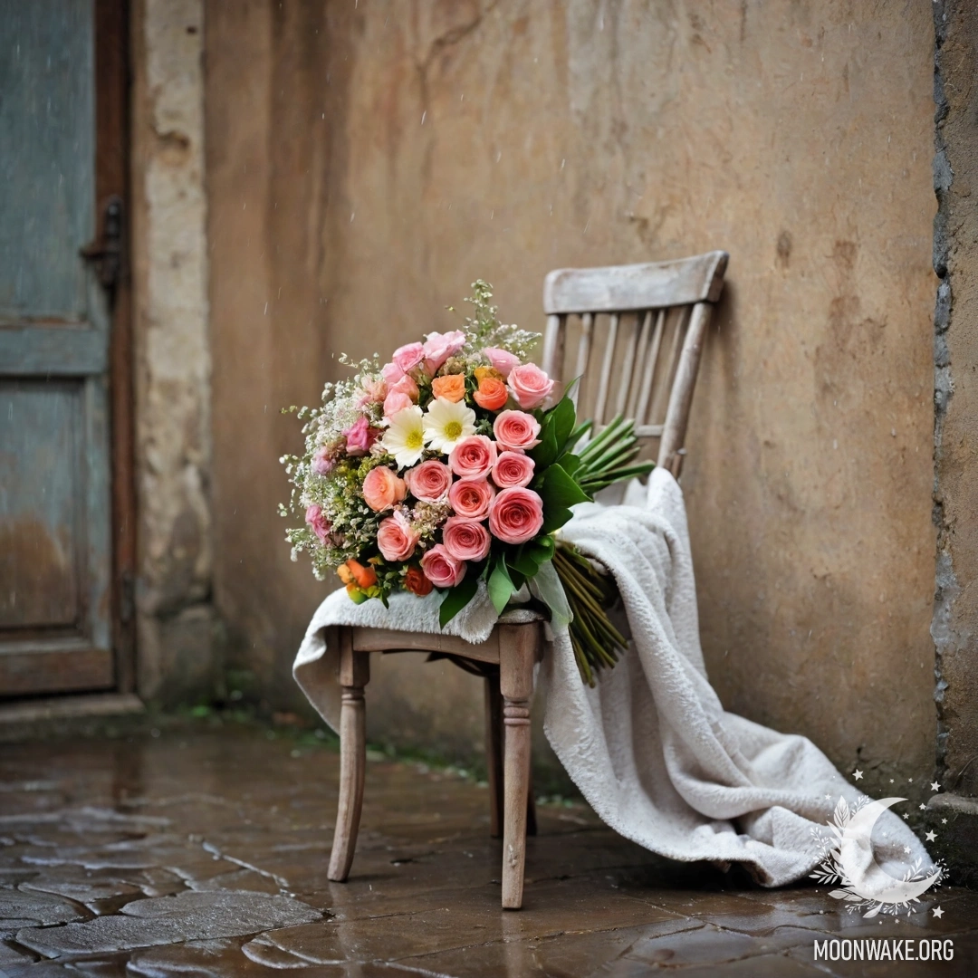 Фото стула на фоне покрытой краской стены, на нем лежит плед, а на пледе — букет цветов под дождем.