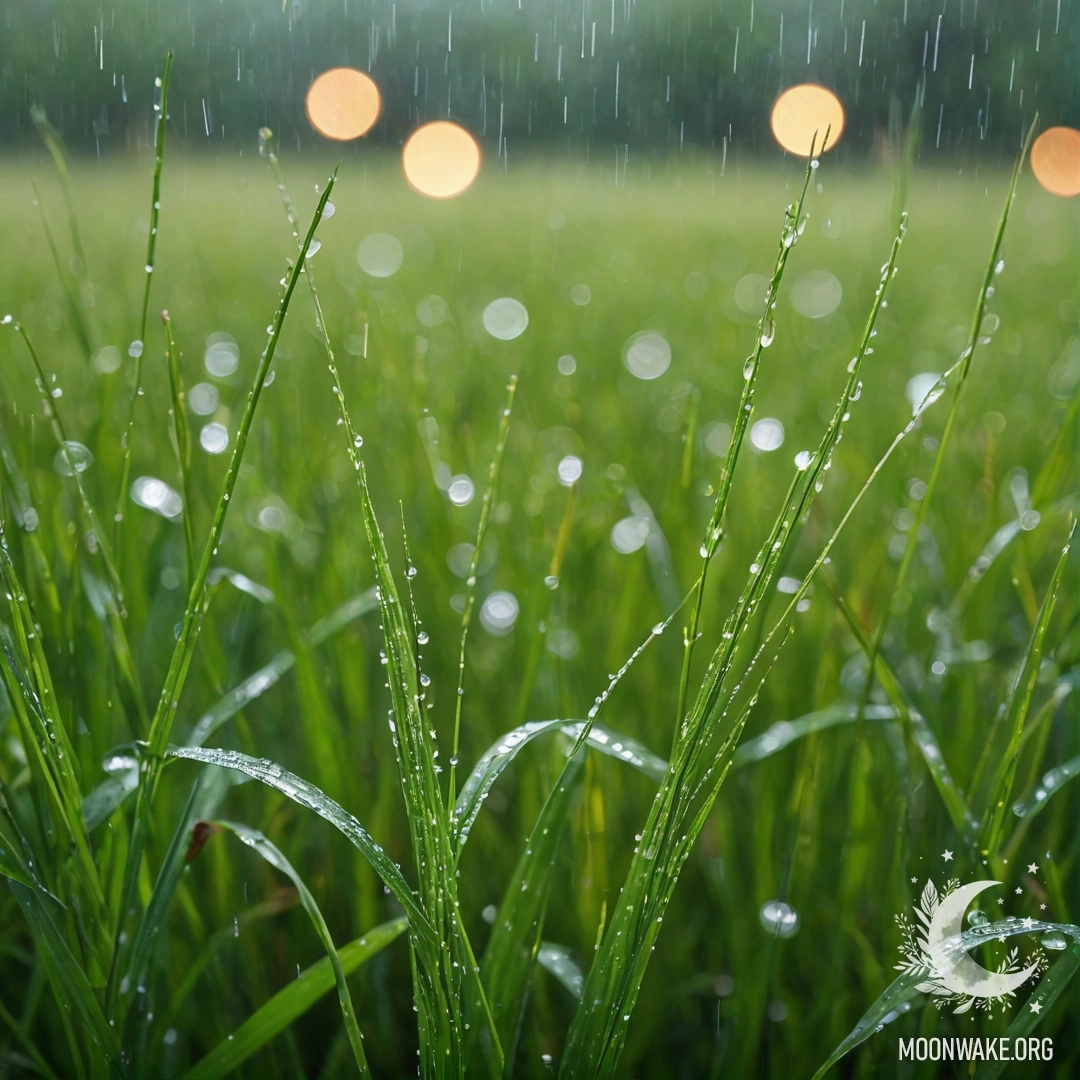 Крупный план травы и цветов на поле, подсвеченных боке под дождем.