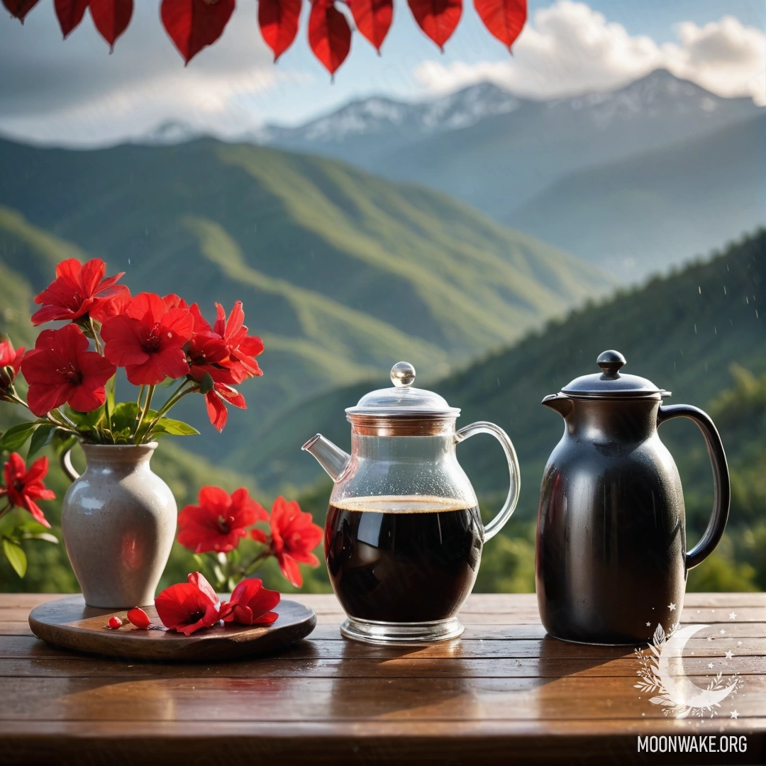 Фотореалистичная сцена деревянного стола с банкой красных цветов, кофейником и чашками на фоне гор под дождем.
