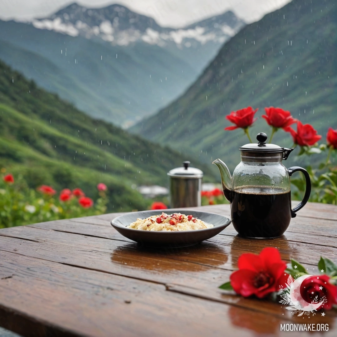 Фотореалистичный деревянный стол с красными цветами, кофейником и чашками под дождем на фоне гор.