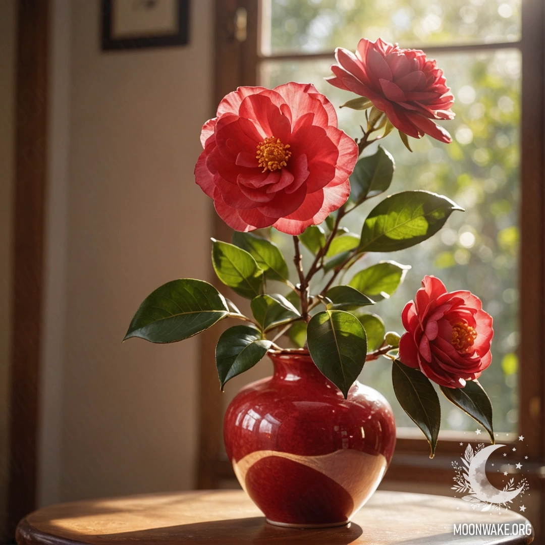 Яркий цветок красной камелии в вазе, освещенный солнечными лучами.