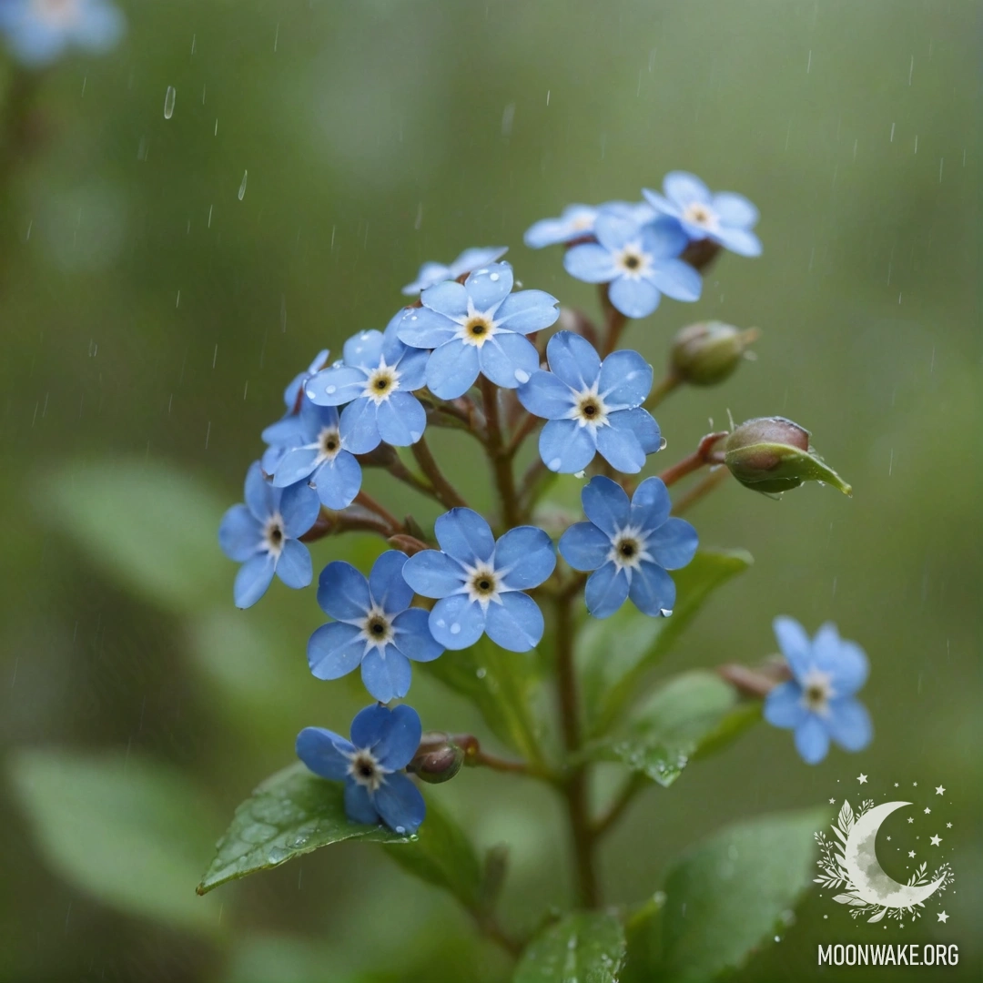 Фон из ярких красных незабудок, окутанных туманом и дождем, создающий романтическую атмосферу.
