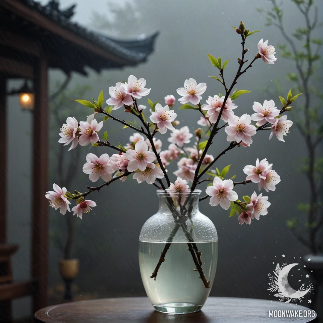 Нежное изображение цветущей сакуры в вазе цвета лайма, окруженной туманом в ночное время.