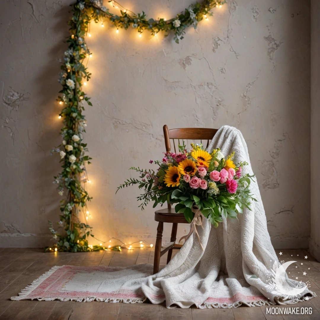 Уютный стул на фоне потертой стены с пледом и букетом цветов, украшенным гирляндами света.