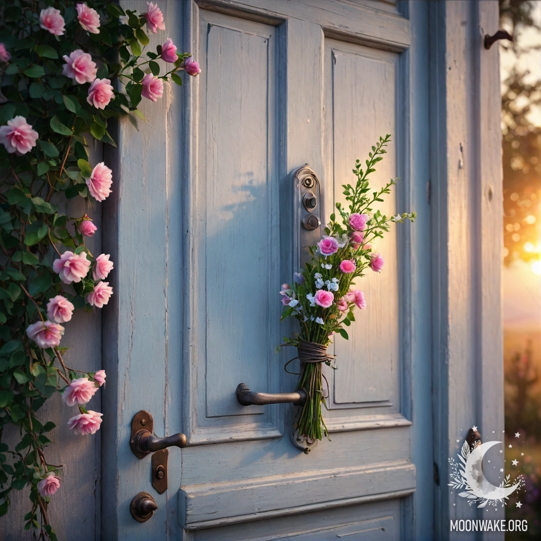 Старая дверь, украшенная веточками и цветами, сверкающая в закатном свете.