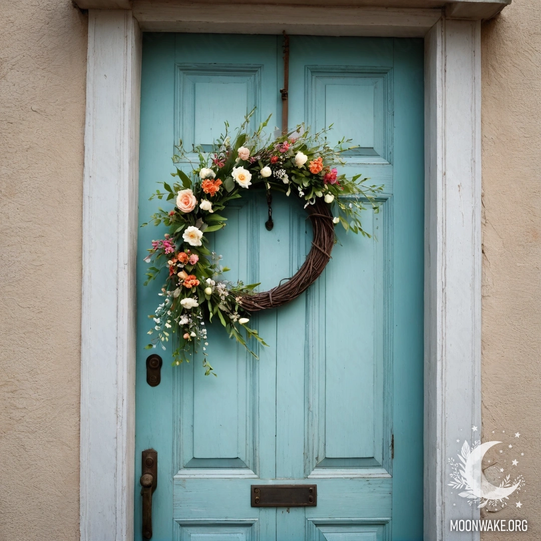 Потертая дверь, украшенная веточками и цветами на ручке, освещенная гирляндами.
