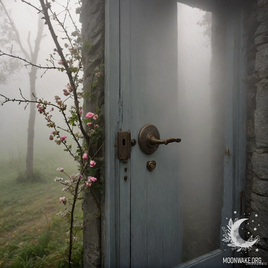 Обшарпанная дверь, украшенная веточками с цветами, окруженная густым туманом.