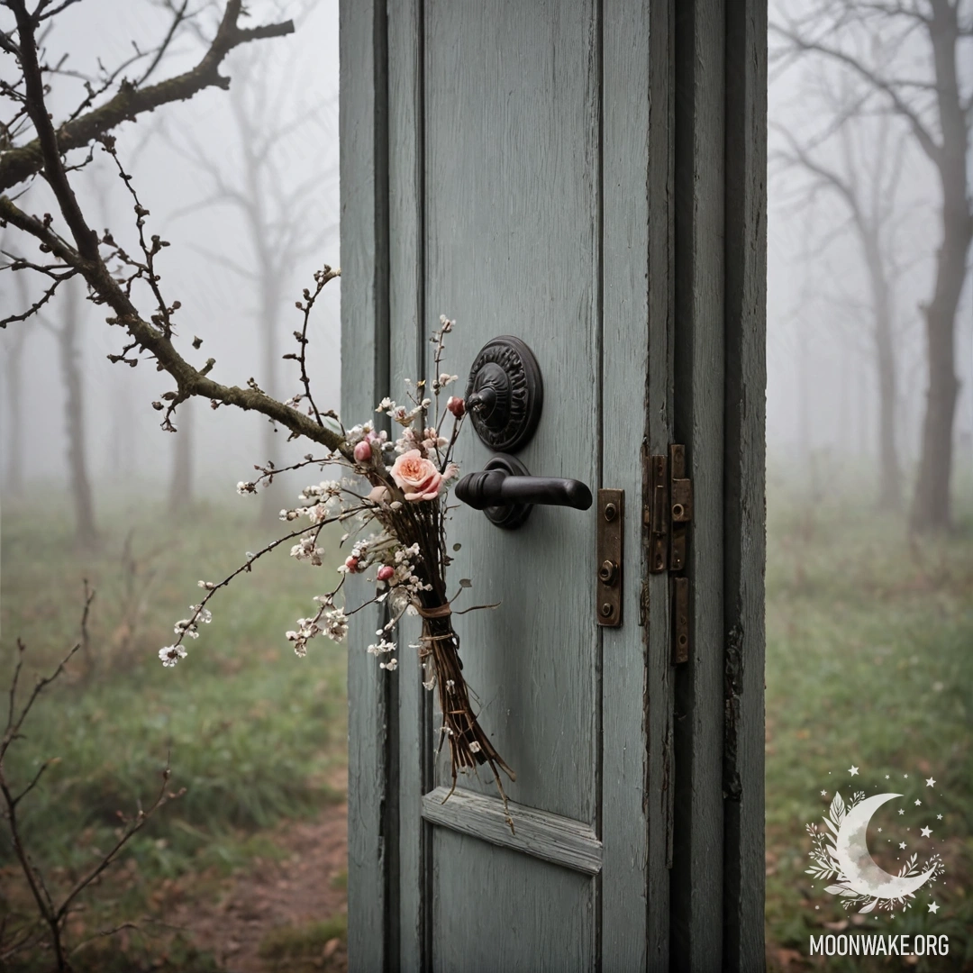 Потертая дверь, украшенная ветками с цветами в густом тумане.
