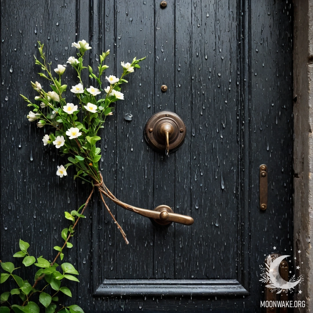 Старинная дверь, украшенная веточками и цветами на ручке, мокрая от дождя.