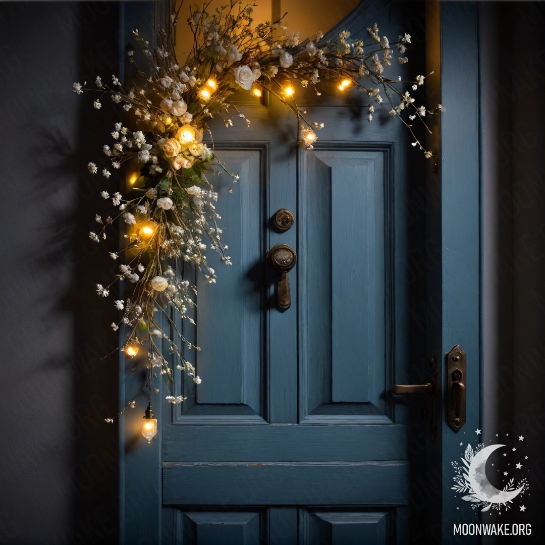 Старая дверь, украшенная веточками с цветами на ручке, ночью.