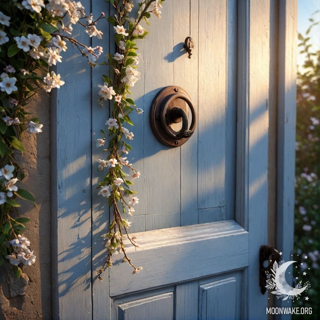 Старая дверь, украшенная веточками с цветами на закате.