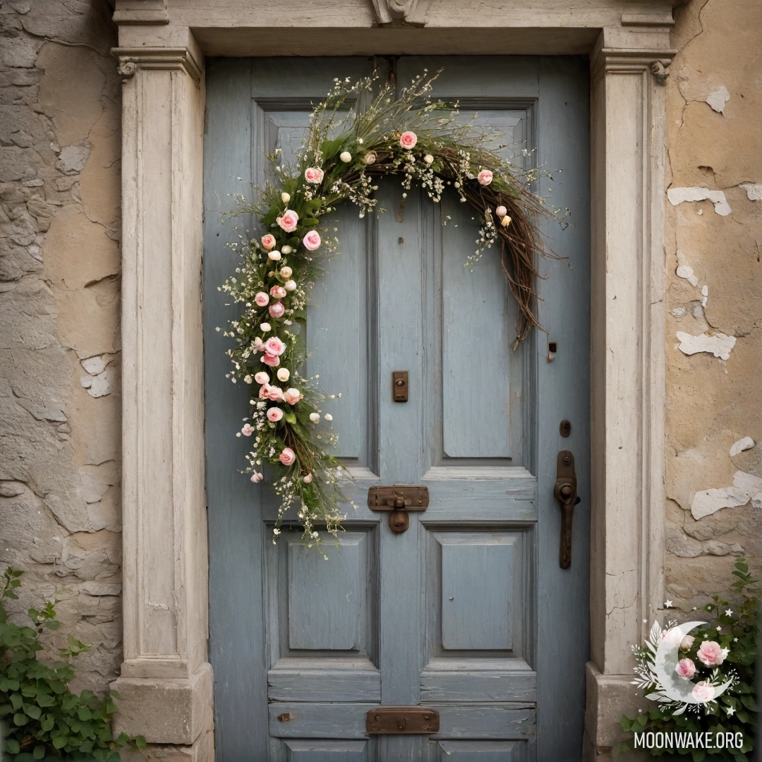Потертая дверь, украшенная ветками с цветами на ручке, освещенная гирляндами.