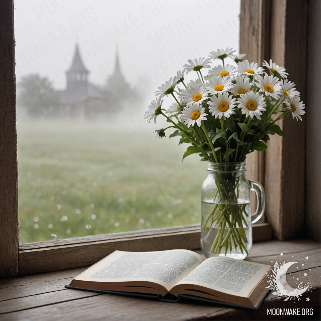 Старая дверь, украшенная веточками и цветами на ручке, освещенная гирляндой огней.